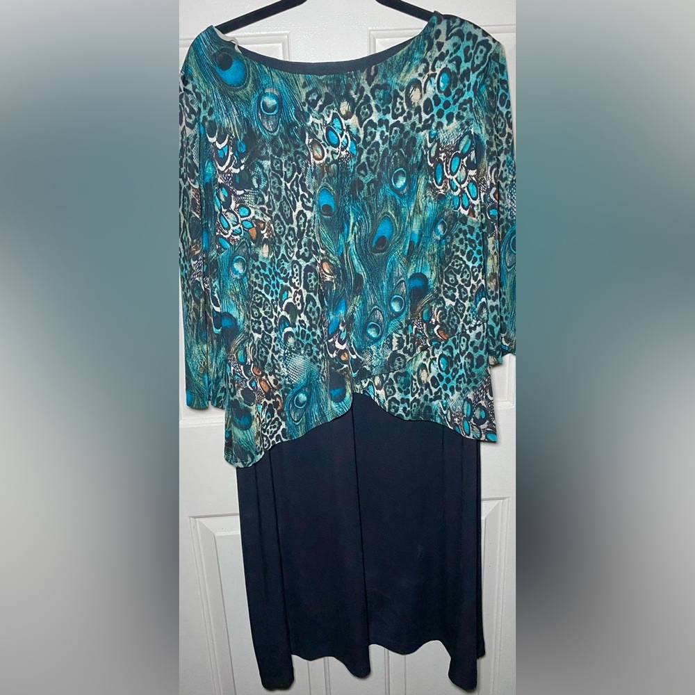 Connected Apparel Black Peacock Layered Stretch Pull‎ On Longsleeve Dress 14 W